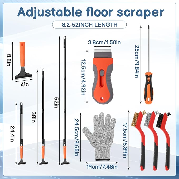 Floor Scraper Long Handle, 20 Floor Scraper Blades 4 Inch, 3 Pcs Wire Brush 1 Pcs Razor Blade Scraper Tool for Deep Cleaning Glass Wall Gum Paint Tile Glue Linoleum