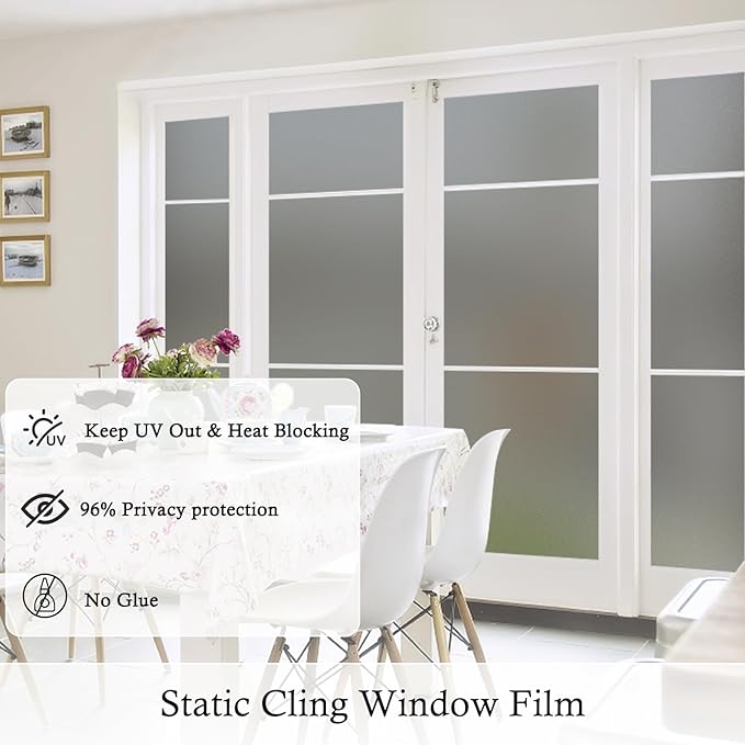 Coavas Window Privacy Film Frosted Glass Static Cling UV Sun Blocking Heat Control Window Tint Day and Night Insulation Home Bathroom Door Decorative Frosting Cover, 23.6 x 393.7 Inch, Gray