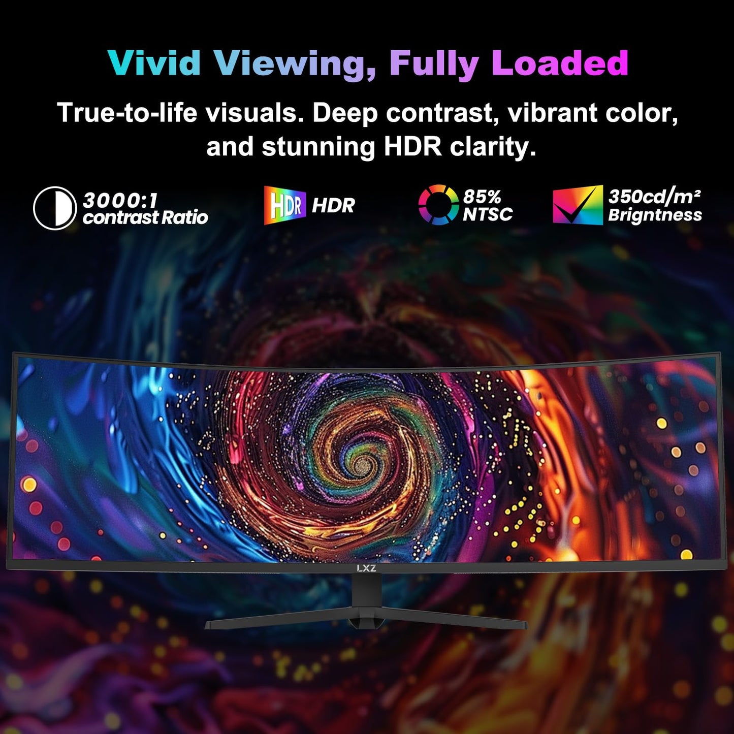 LXZ 49.5" Curved Gaming Monitor, 5120x1440 DQHD Ultrawide 32:9, 165Hz, 1ms MPRT, AMD FreeSync Premium, Height/Pivot/Swivel Adjustable, HDMI 2.1 & DP 1.4, VESA 75×75mm Mount Compatible
