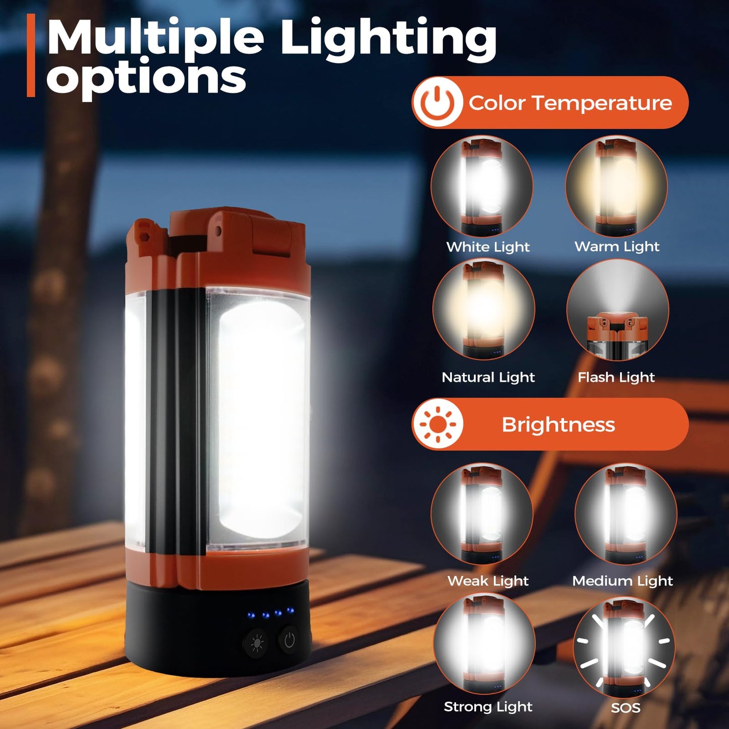 Rechargeable 12000mAh Camping Light with Adjustable Stand, Cordless Work Light with 3 LED Lamp Heads, 2200 Lumens Dimmable Magnetic Emergency Flashlight with Detachable Tripod, Orange