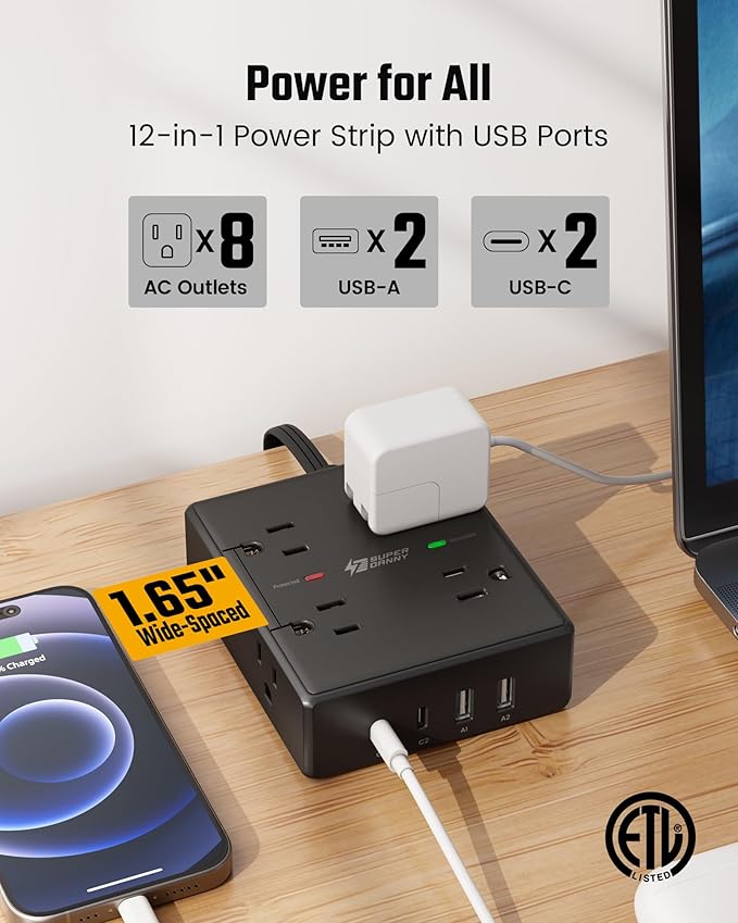 10Ft Extension Cord with Multiple Outlets, Flat Plug Power Strip Surge Protector with 10 Ft Long Cord, 8 Outlet 4 USB Ports (2 USB C), Multi Outlet Wall Plug for Office, College, Dorm Room Essentials