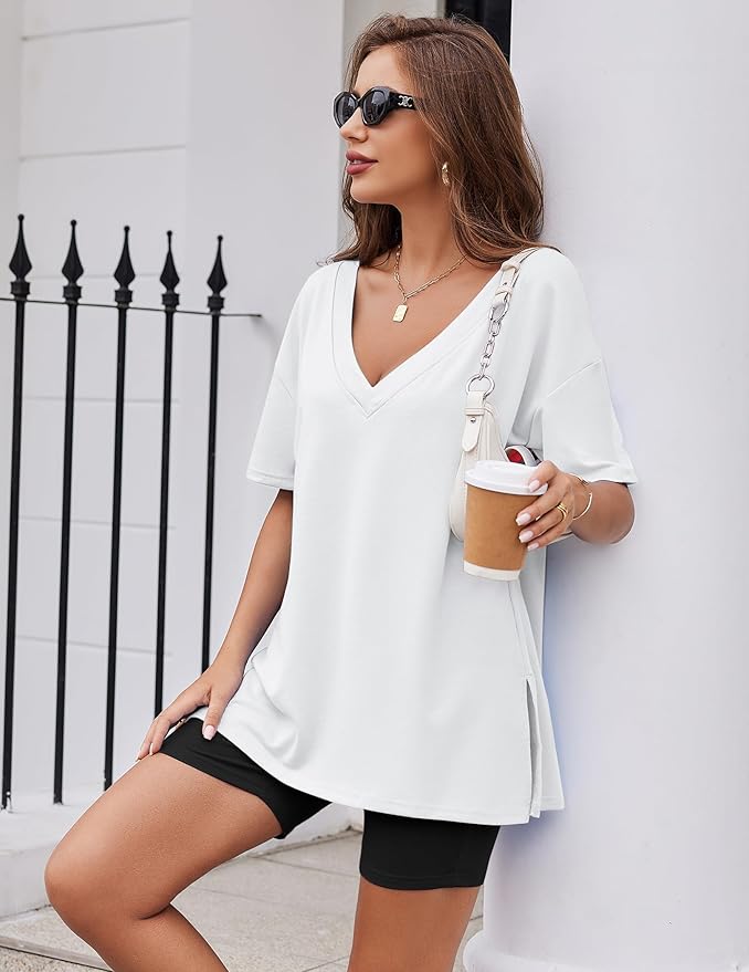 Ekouaer Womens Pajamas 2 Piece Lounge Sets Oversized V Neck T-Shirts Tops Biker Shorts Set Workout Reversible Tracksuit S-XXL