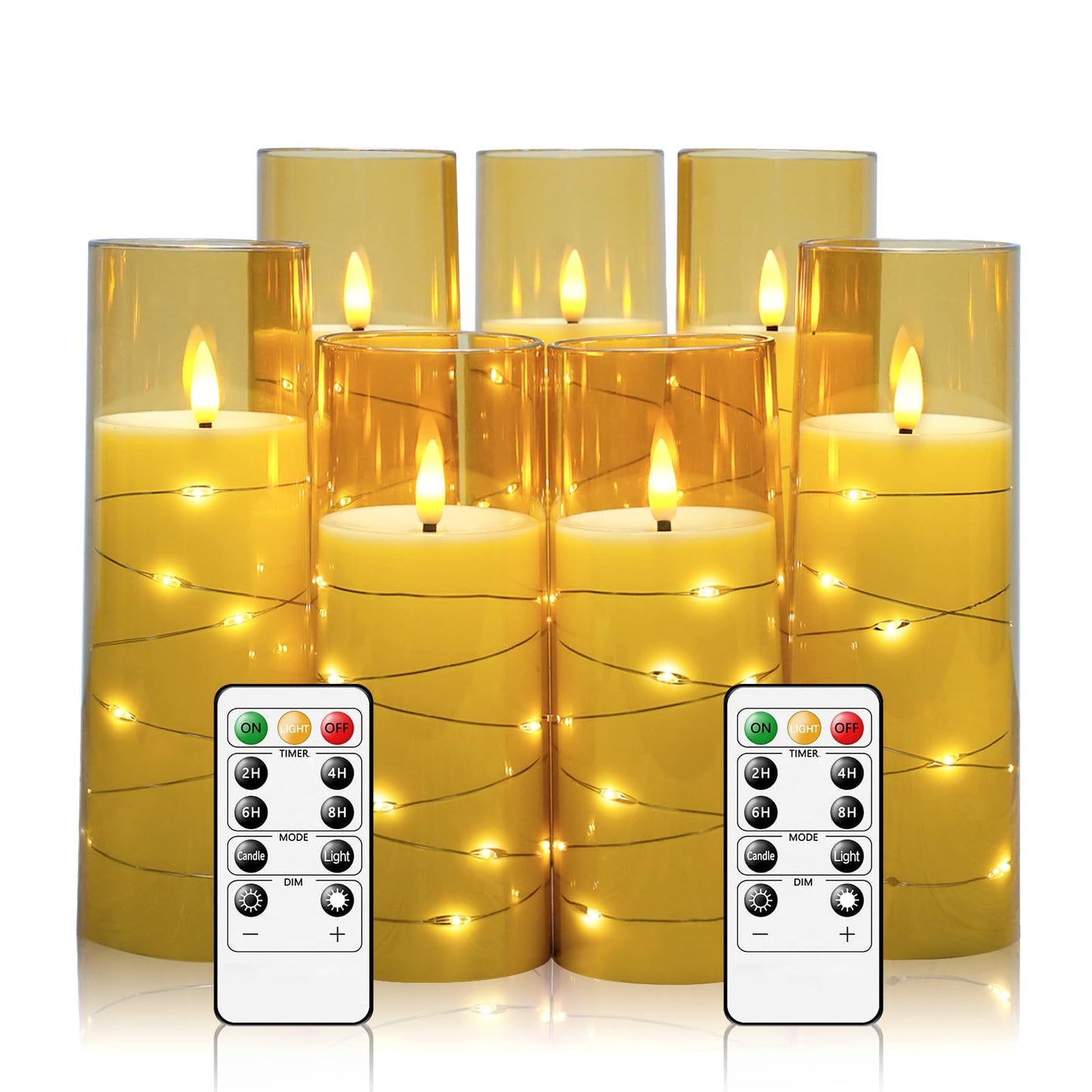 Eebuss Flameless Candles with Embedded Star String, Battery Operated LED Pillar Candles with Timer and Remote Control,Home Decorating for Ambiance， Set of 7 (Gold)