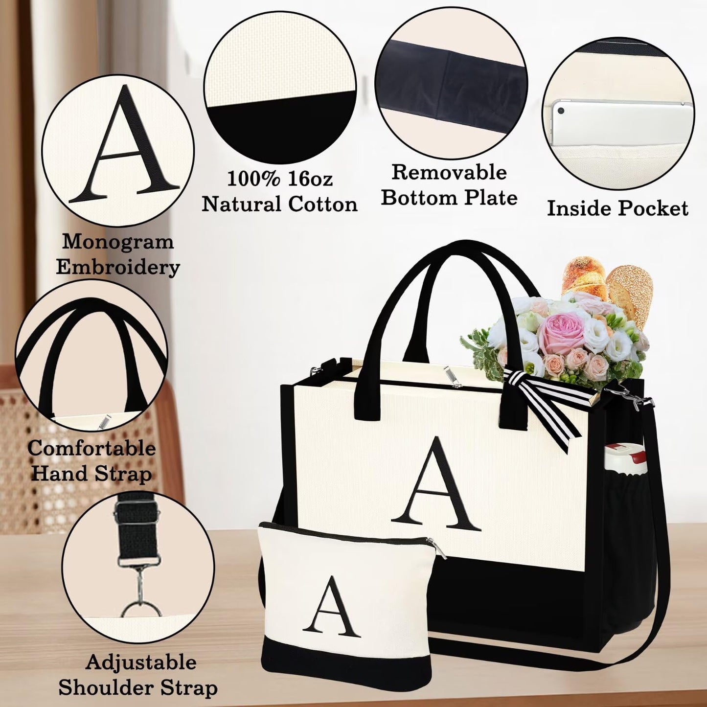 YOOLIFE Gifts for Women - Initial L Canvas Tote Bag & Makeup Bag, Birthday Gifts for Women Her Wife Mom Friend Teacher