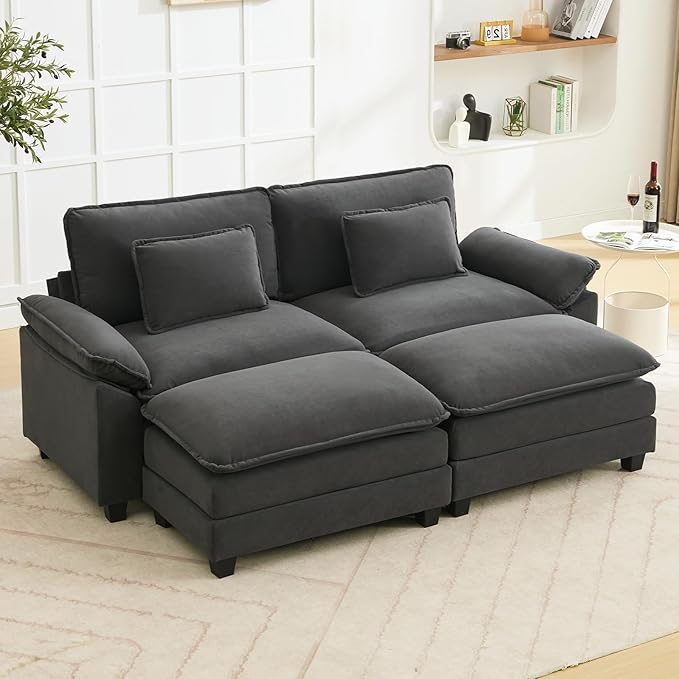 Oprisen 86" Modular Sectional Sofa, Comfy Cloud Couch Sectional Sofa with Ottoman, Velvet Sofa Sleeper Deep Seat Sofa with Throw Pillows for Living Room (Blue Grey)