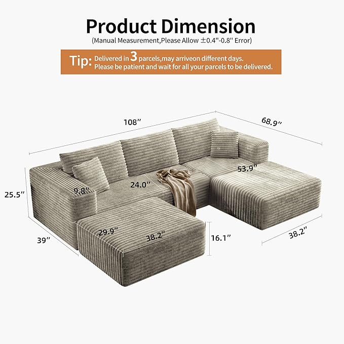 Fancyfire 108" Cloud Modular Sectional Couch with 2 Ottoman,Ultimate Comfort U-Shaped Deep Seat Sofa,Boneless Couch Upholstered 3-Seater Sofas for Living Room, No Assembly Required(Khaki)