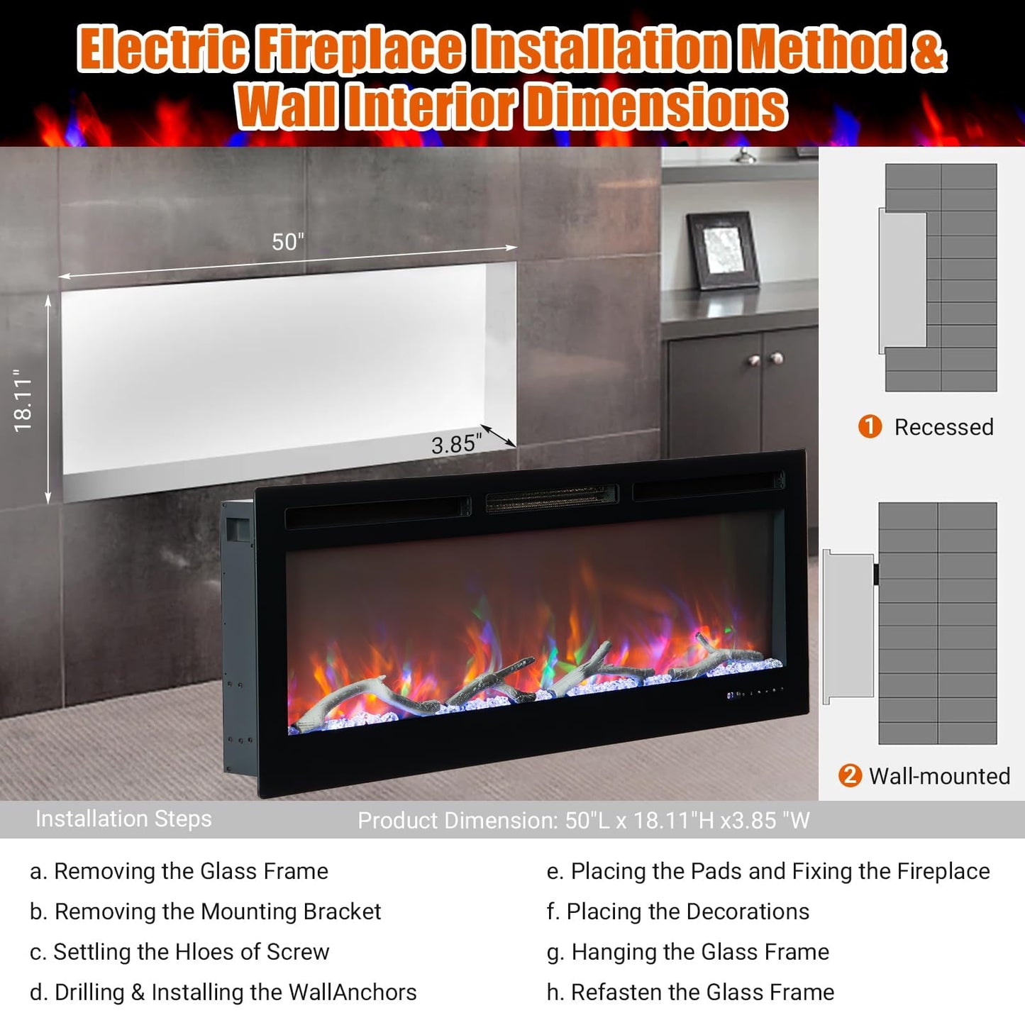 50" Smart Wall Mount Electric Fireplace, 1500W Heater with 12-Color LED Flame Effect, Touch Screen & Remote Control, Timer & Thermostat, for Living Room, Bedroom Indoor Use