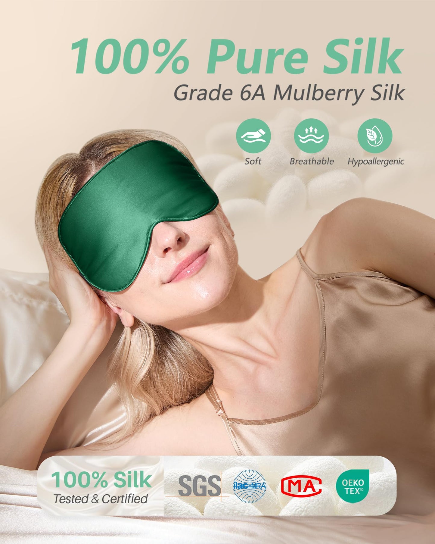 BeeVines 100% Real Mulberry Silk 2 Pack Sleep Mask, Pure Silk Eye Masks with Adjustable Strap for Sleeping, 100% Block Light Eye Shade Cover, Reduces Puffy Eyes Traveling Gifts(Black & Green)