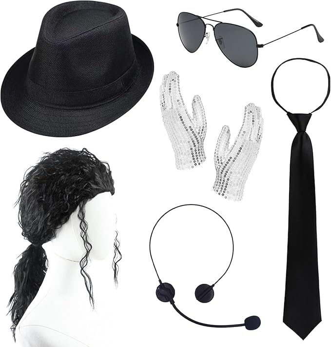 Pop Star Costume 6 Pcs Pop Rockstar Dance Costume Accessories Include Black Hat Glasses Tie Sequins Gloves Balck Curly Wig...