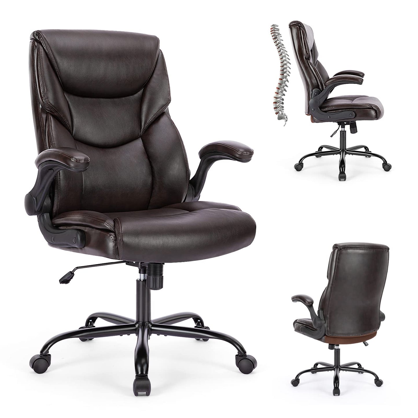 Ergonomic High Back Office Chair, PU Leather Executive Computer Desk Gaming Chairs with Flip-up Arms, Home Office Adjustable Swivel Rolling Chair with Wheels - Brown