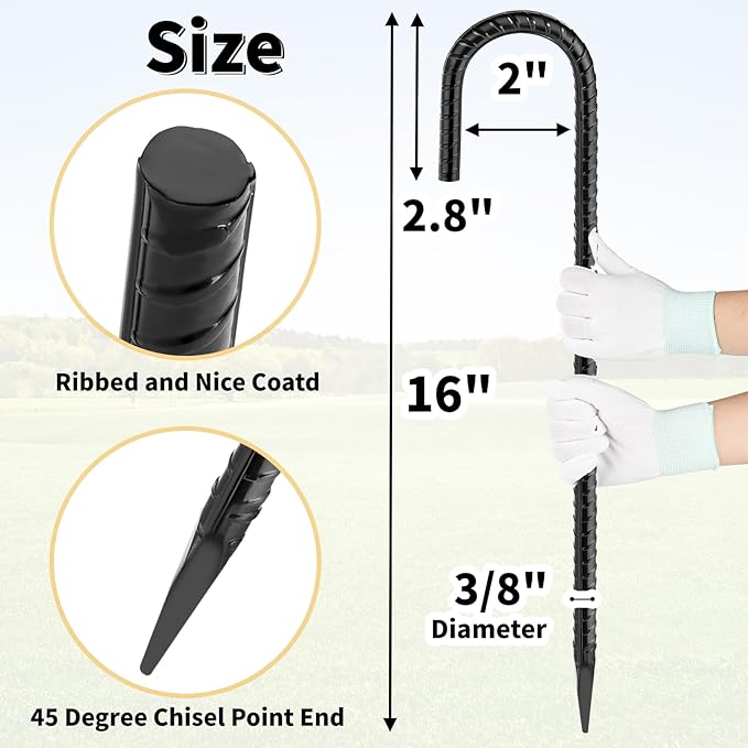 Besitu 16 Inches 24-Pack J Hook Rebar Stakes Heavy Duty Tent Stakes with Chisel Point End, Steel Ground Anchors Metal Garden Stakes Chain Link Fence Stakes Black Coated
