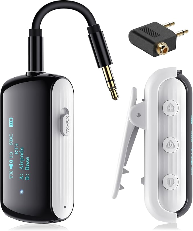 Bluetooth Transmitter Receiver for 2 AirPods/Headphones, Flight Bluetooth 5.2 Adapter for Airplane, TV, and Gym with a 3.5mm Audio Jack, Wireless BT Receiver with Mic for Car/Home Stereo