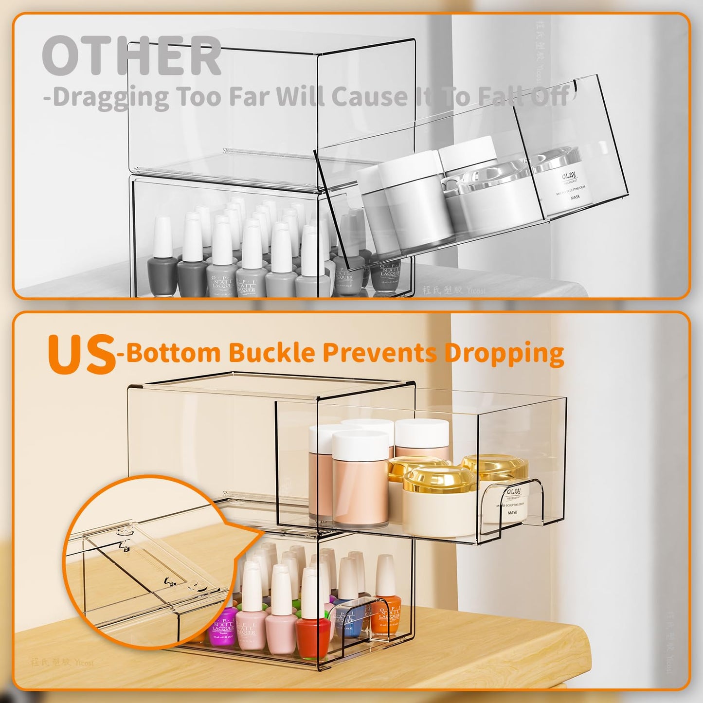 Yieach 4 Pack Clear Stackable Storage Drawers,4.4'' Tall Acrylic Drawer Containers for Organizing,Bathroom Organizers and Storag