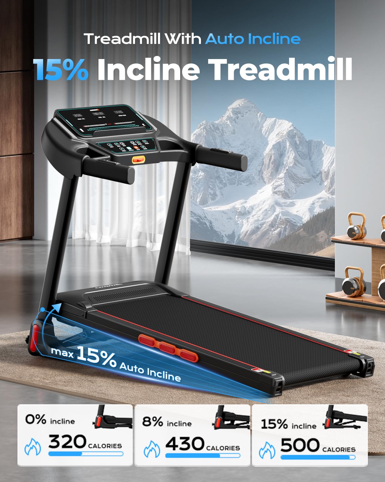 LIJIUJIA Treadmill for Home,Treadmills with 0%-15% Auto Incline,3HP Brushless,300 LBS,LED Display,Pulse Monitor