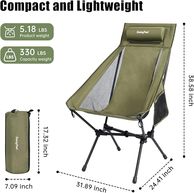SUNNYFEEL High Back Camping Chair, 15 Second Setup Frame, 330lb Capacity, Portable Backpacking Chair, Lightweight & Compact Folding Camp Chair for Hiking Camping, Army Green