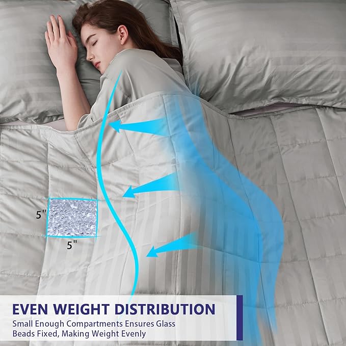 yescool Weighted Blanket for Adults (15 lbs, 48" x 72", Light Grey Stripes) Heavy Blanket for Sleeping Perfect for 160-180 lbs, Twin Size Breathable Blanket with Premium Glass Bead, Machine Washable