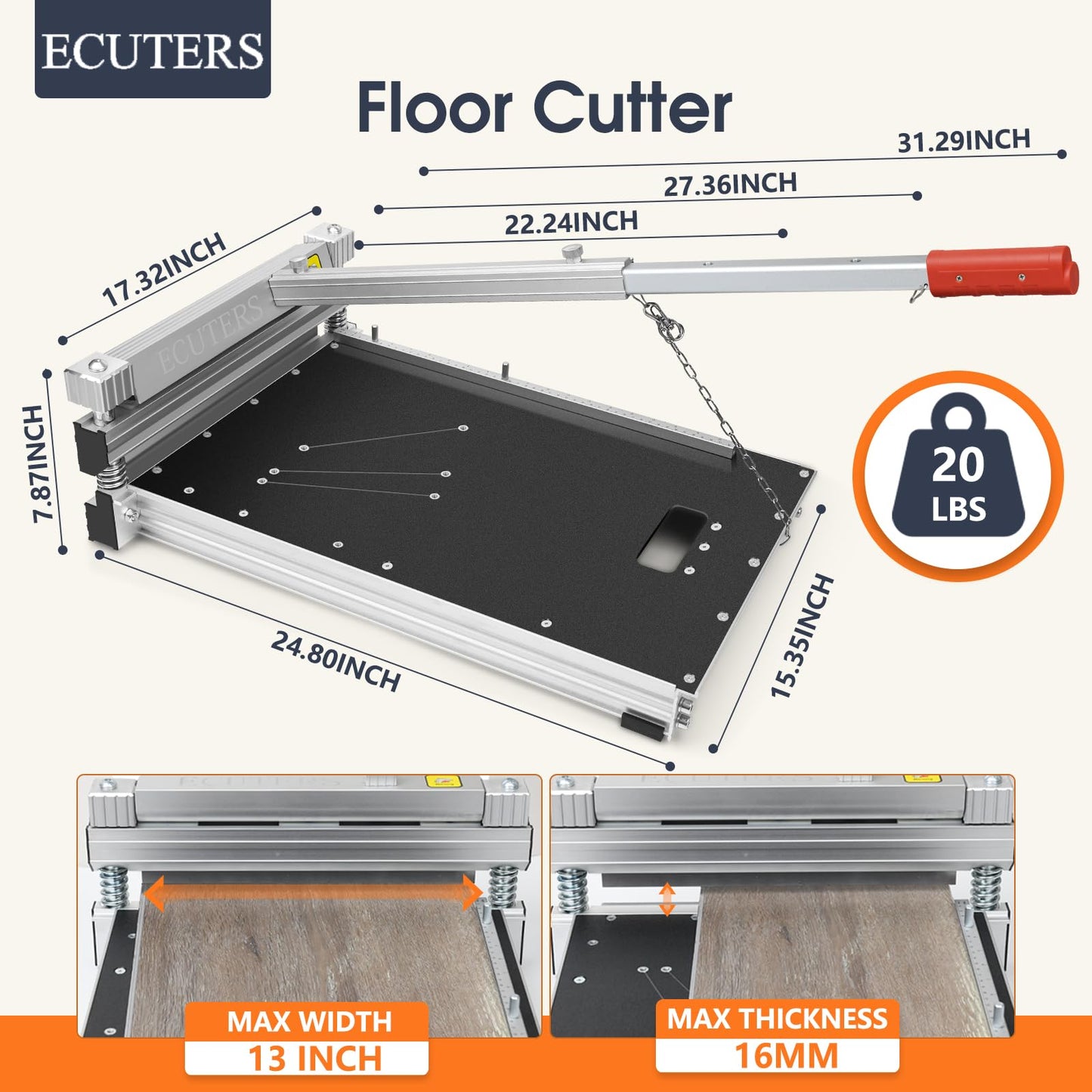 Heavy Duty Laminate Floor Cutter with Blade, ECUTERS 13“ Vinyl Floor Cutter with Wheels, Vinyl Plank Cutter Tile Angle Length Cutting 16mm Thick Flooring Tools - Engineer Wood Parquet LVP LVT