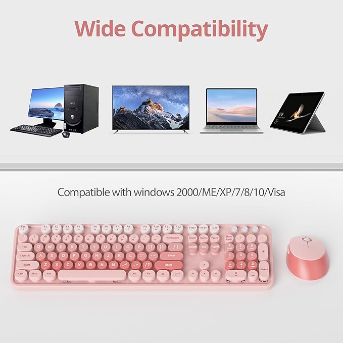 Wireless Keyboard and Mouse Set, Retro Typewriter Keyboard, 2.4GHz Full Size 104-Key Cute Keyboard with Number Pad, Colorful Keyboard with Round Keycaps for Windows PC Laptop(Pink)