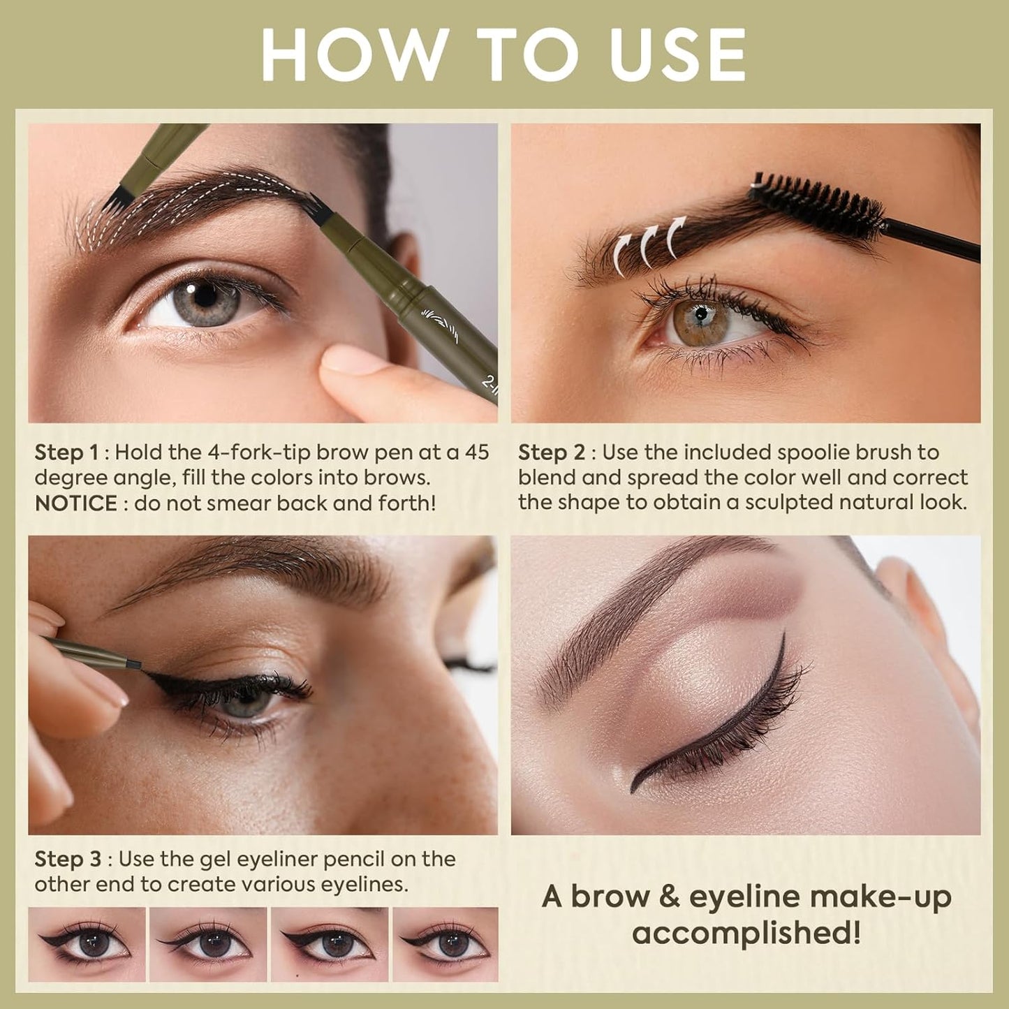UCANBE Eyebrow Pencils for Women with Spoolie Brush, Dual-Ended Eyebrow Pen with 4-Fork-Tip & Gel Eyeliner, Microblading Brow Pen with Eyeliner Pencil + Brow Brush for Hair Like Brows, Dark Brown
