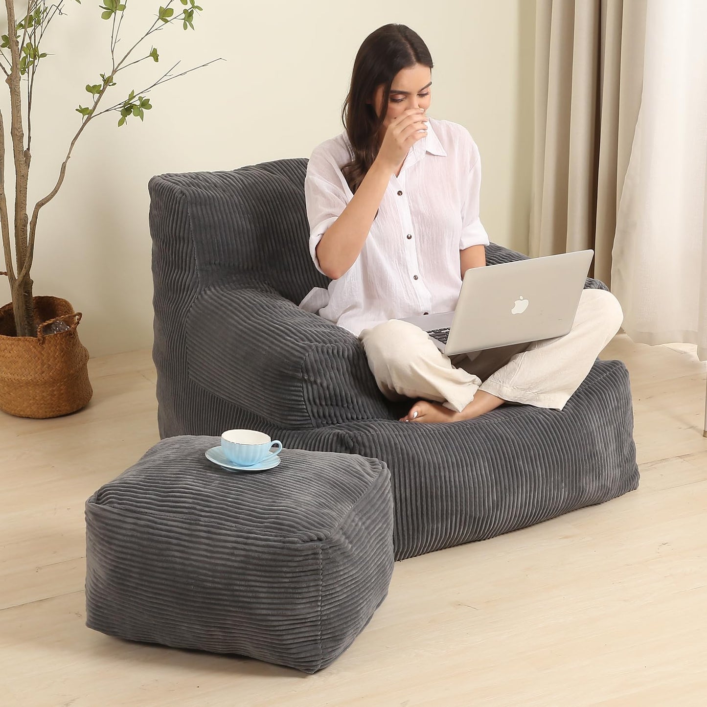 MOMCAYWEX Comfy Gaint Bean Bag Chair with Ottoman, Huge Bean Bag Armchair for Adults and Teens, Dark Grey