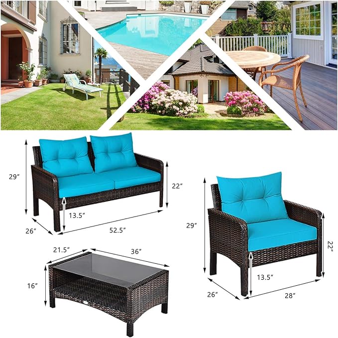 HAPPYGRILL 4-Piece Patio Furniture Set Outdoor Rattan Wicker Conversation Set with Coffee Table, Sectional Sofa Bistro Set with Cushions for Garden Poolside Backyard