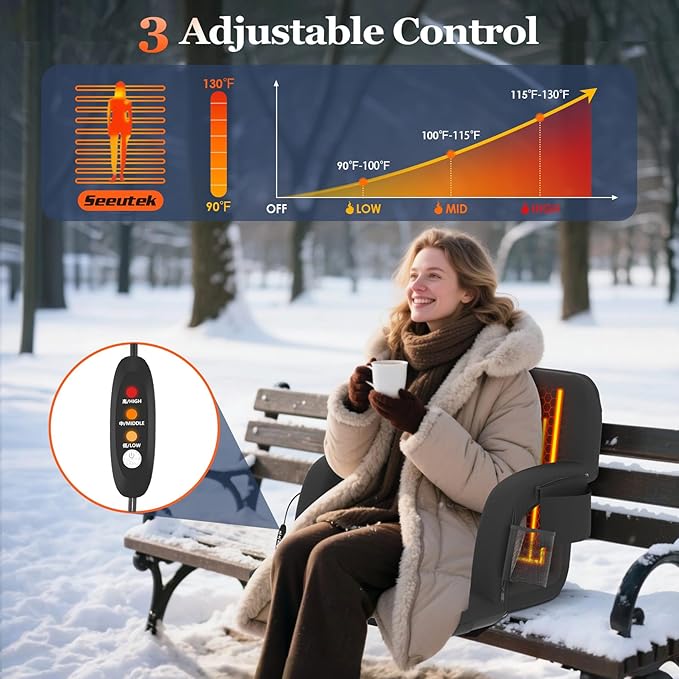 Seeutek Heated Stadium Seats for Bleachers, Portable Stadium Seats with Back Support, USB 3 Levels Bleacher Chairs with Back and Cushion, 5 Pockets Poldable Stadium Chairs for Sports Games,23in 1PC