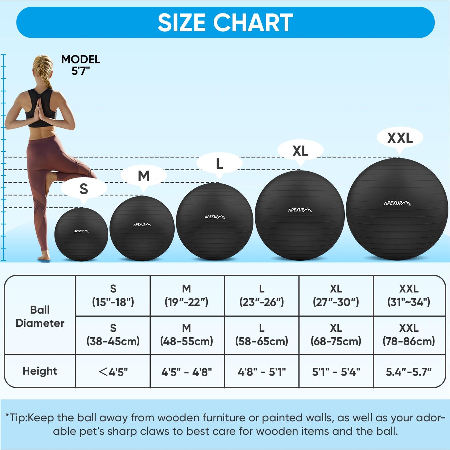 APEXUP Yoga Ball Exercise Ball, Anti Slip Stability Ball Chair, Heavy Duty Large Gym Ball for Fitness, Balance, Core Workout and Physical Therapy (S (15"~18") 45cm, Black)