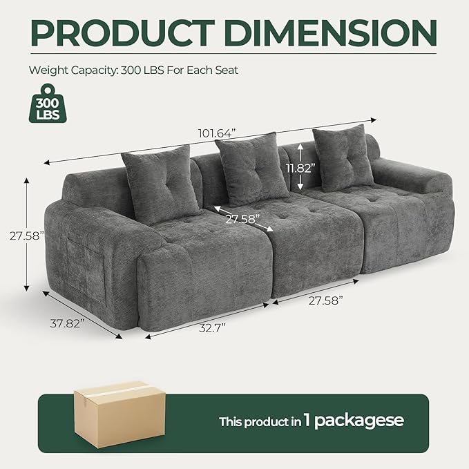 YAAREE 129.23”Modular Sectional Couch for Living Room, Modren L-Shape Cloud Sectional 4-Seater Sofa with 2 Movable Ottomans, Woven Texture Upholstery Boneless Couch, No Assembly, Grey