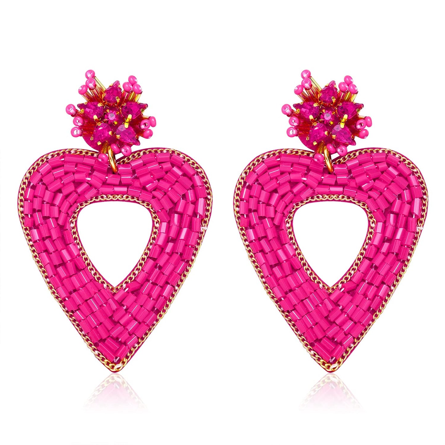Heart Earrings for Women Valentines Day Earrings Beaded Heart Drop earrings Edged in gold beading Fashion Trendy Big Love Dangle