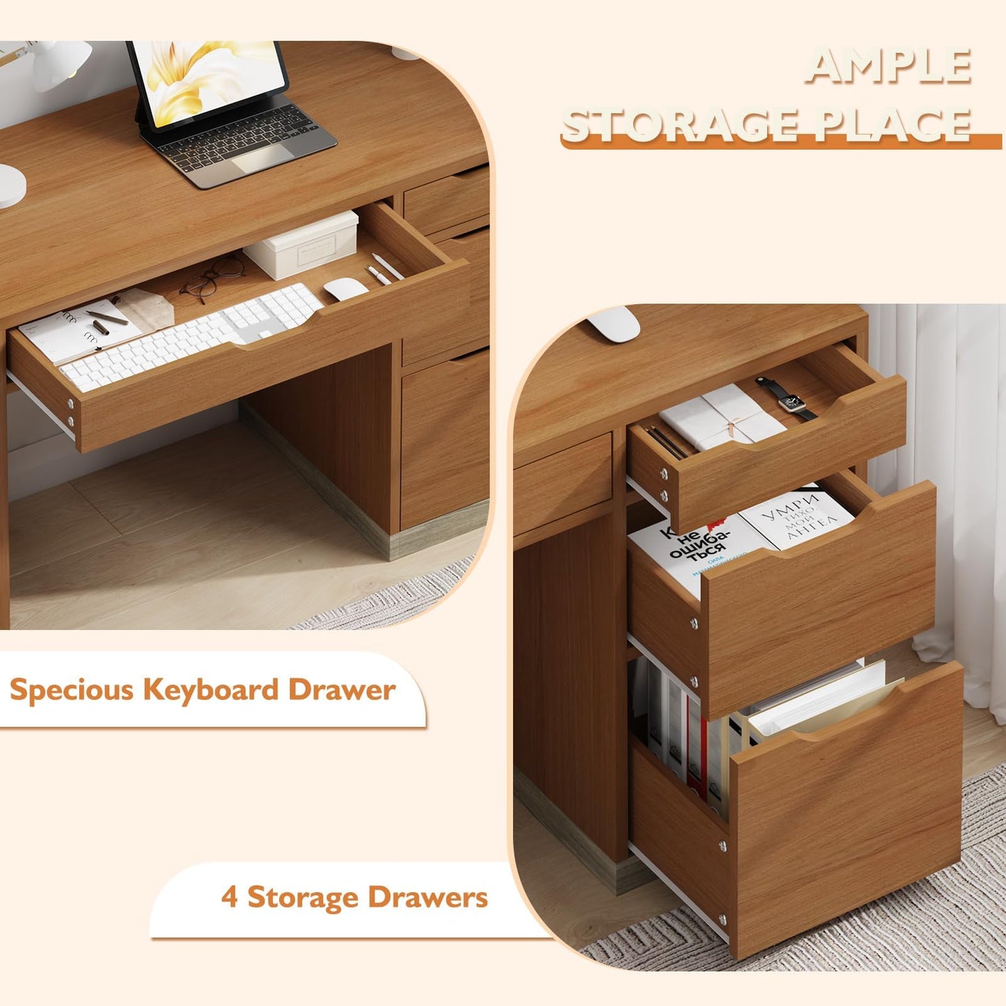 MaverickFurni 48 Inch Small Desk with 4 Drawers, Computer Desk with Storage File Cabinet for Bedroom, Home Office Desk with Storage for Small Space, Brown
