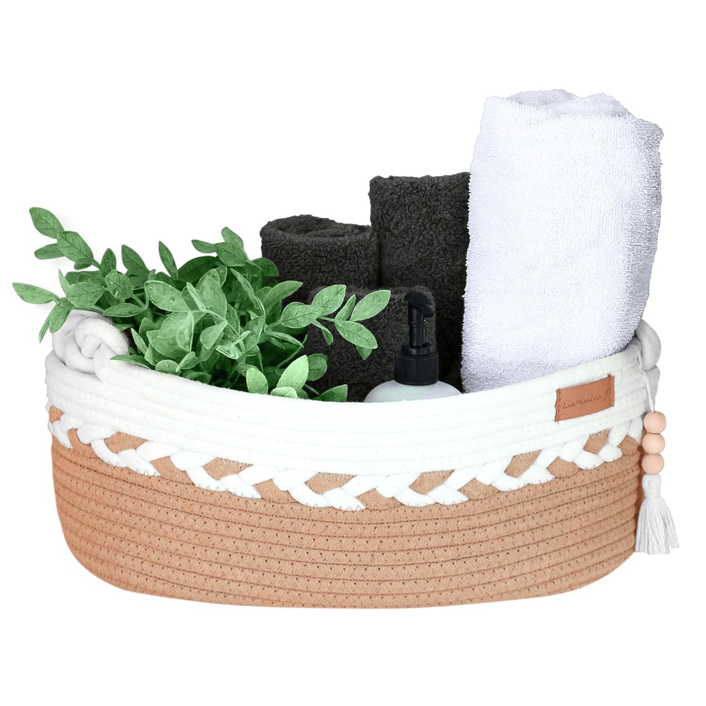 Spacious Toilet Paper Basket - 14" x 6.5" x 5" Tank Topper w/Removable Tassel - Braided Knot Handles