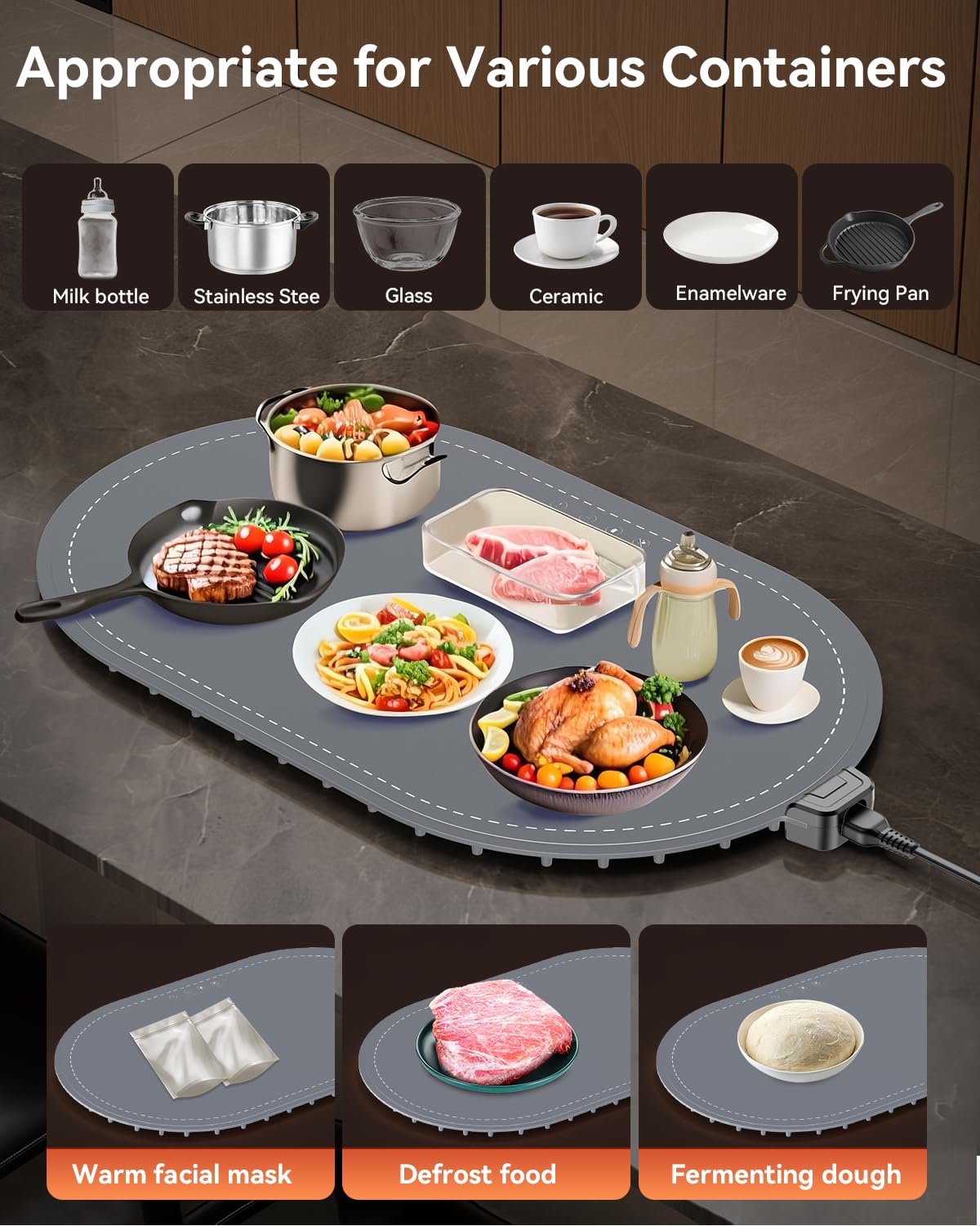 Warming Mat for Food with Heat-Resistant Pad(24"x15"),Food Warming Mats for Countertop,Roll Up Silicone Warmer Mat for Party Buffet,Christmas House Warming Gift for Home Hosting Daily Use(Gray)
