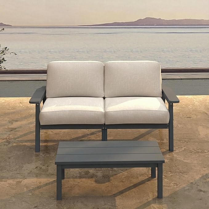 Patio Kingdom Patio Furniture Set 2 Seats, HDPE Outdoor Sectional with Beige Washable Thick Cushions, Coffee Table, Patio Conversation Sets for Lawn, Garden, Porch, Balcony, Deck (Grey Frame)