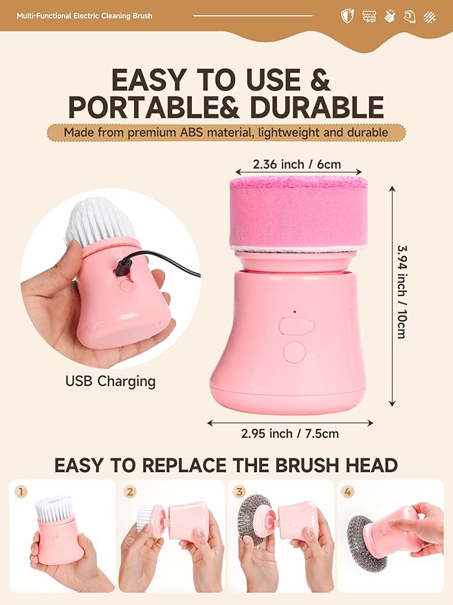 Electric Spin Scrubber, Mini Pink Cleaning Brush kit, for Wome, for Bathroom/Kitchen/Floor/Home/Grout/Tile/Shower, IP66 Waterproof Household Cleaning Supplies, Apartment Essentials