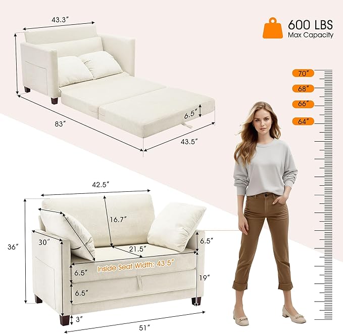 kakuboohi 51" Loveseat Sleeper Sofa Bed, Chenille Convertible Floor Sofa Bed for Small Spaces, Folding Couch Bed with Deep Seat, 2 Pillows & Solid Frame, Pull Out Floor Couch for Living Room, Beige