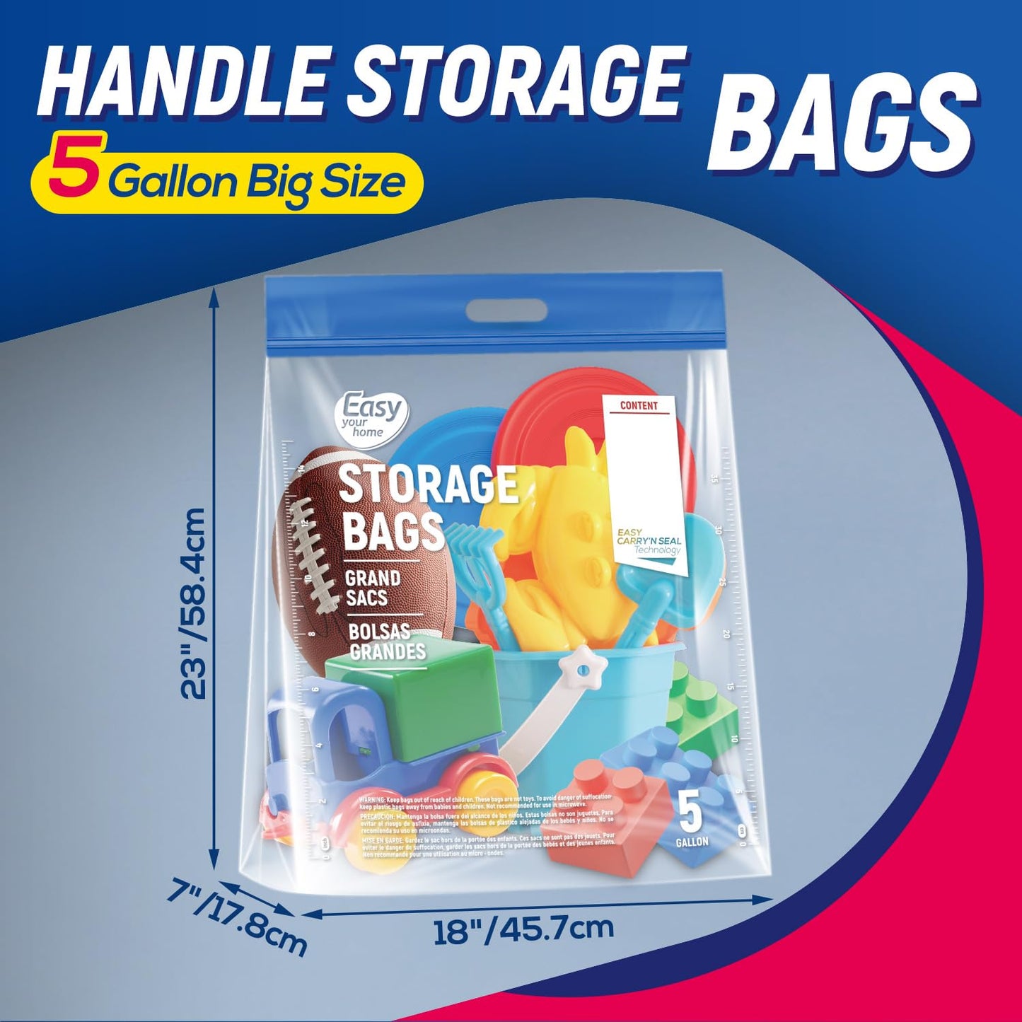 EASYYOURHOME 5PCS 5 Gallon Zipper Lock Plastic Bags with Handle and bottom,18"x23"+7",Extra Large Size Reusable Storage Bag with Double Zip for Clothing,Travel,Moving,Beach,BPA-Free,3-Mil Thick