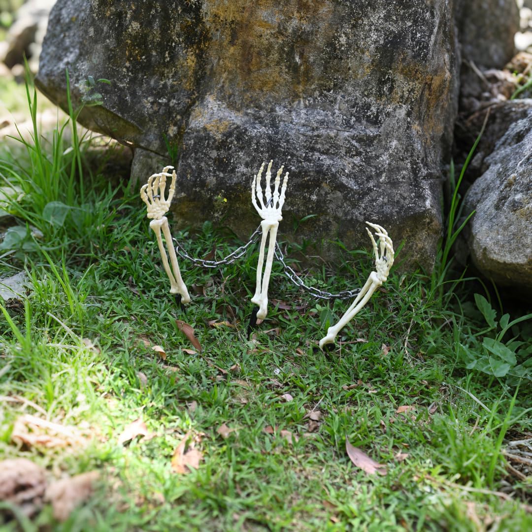 JUST FOR PARTY Halloween Skeleton Stake Decorations, 3 Skeleton Arms Stakes with 2 Chains, All-Weather Resistant Plastic Skeleton for Outdoor Party Yard Lawn Garden Graveyard Haunted House Decor