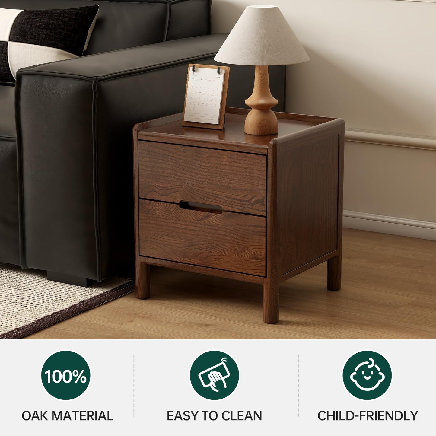 Wayshome Solid Wood Oak Nightstand, Mid Century Modern Night Stand with 2 Drawer, Small Nightstand for Small Spaces, Wood Side End Tables Living Room, Bedroom(Walnut, 17.13" H)
