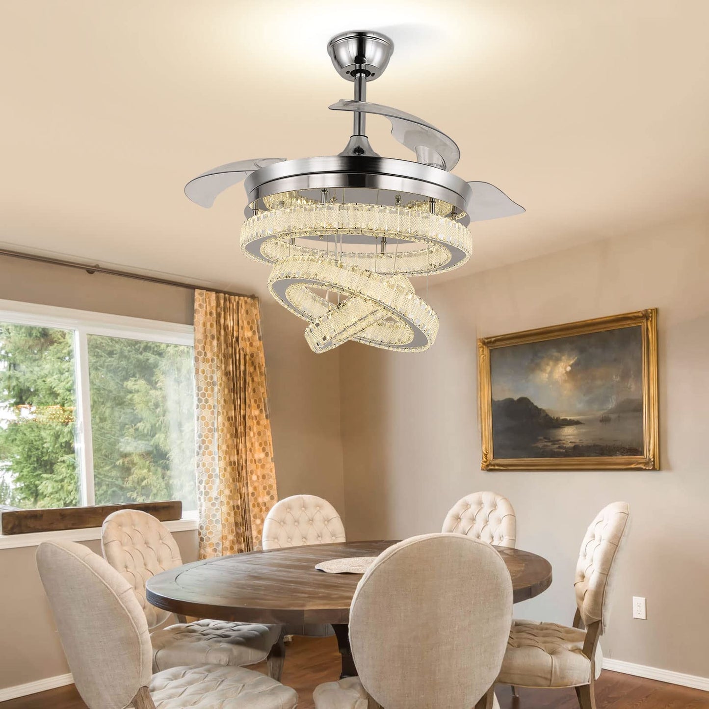 FRIXCHUR 42 Inch Crystal Chandelier Ceiling Fans with Lights Dimmable LED Fandeliers Silver Ceiling Fan with Light and Remote