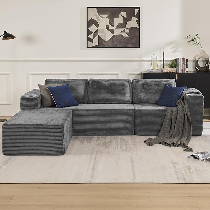 Furnify 106" Modular Sectional Sofa with L-Shape Chaise, Right/Left Facing Deep Seat Cloud Couch, No Assembly Required, Upholstered Couch for Living Room Bedroom (Plush Corduroy Fabric, Grey)