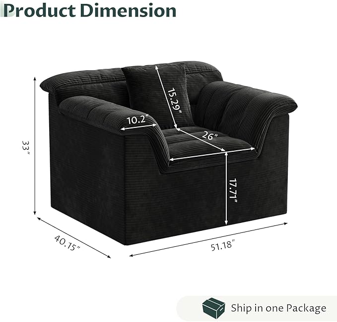 SUNG7 51" Cloud Sectional Couch, Modern Modular Sofa with Deep Seat, Comfy Compressed Single Sofa, Upholstered Corduroy Couches for Living Room, No Assembly Required, Black