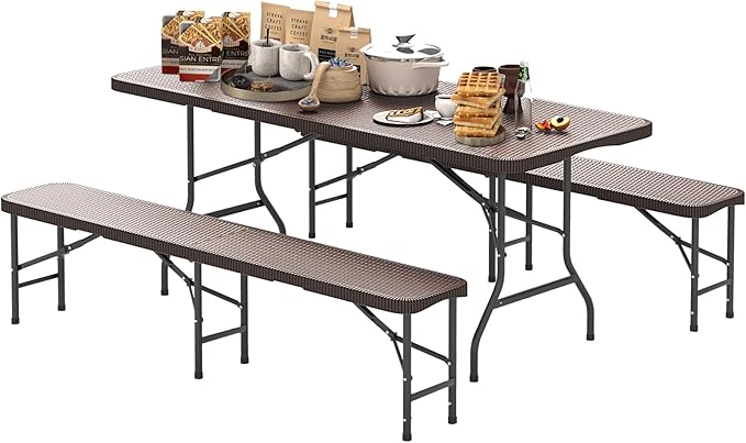Goplus 6 FT 3-Piece Portable Picnic Table Bench Set, HDPE Rattan-Like Plastic Folding Picnic Tables with Benches, Foldable...