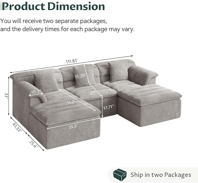 SUNG7 111.8" Modular Sofa with Ottoman, Boneless Cloud Couch with Deep Seat, Comfy U-Shape Corduroy Couches for Living Room, No Assembly Required, Light Gray