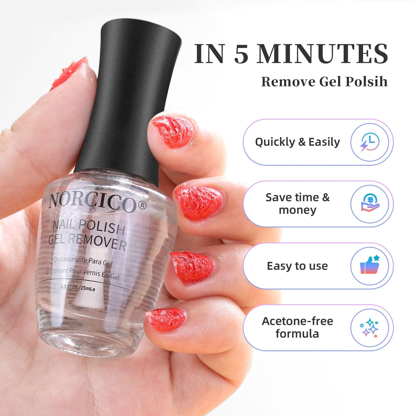 Gel Polish Remover Kit for Gel & Shellac Nails - 2-5-Minutes Fast Removal, No Soak Needed with Cuticle Pusher | Acetone-free Gel