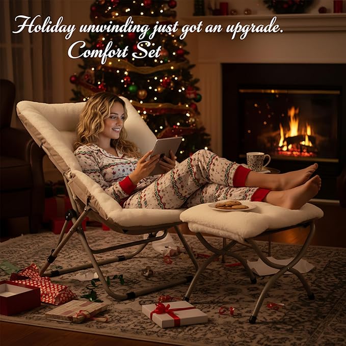 Givjoy Comfy Folded Chair with Ottoman, Oversized Folding Faux Fur Chair Soft Furry Lounge Lazy Chair with Metal Frame Moon Chair Accent Chair for Bedroom, Living Room, Dorm Rooms
