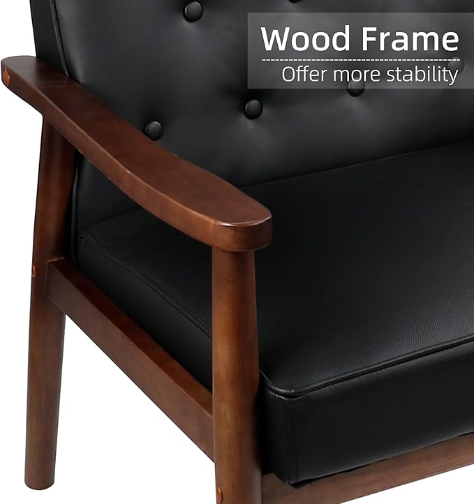 STHOUYN Mid Century Modern Chair, PU Leather Accent Chair Set of 2 with Wood Arms, Living Room Chairs, Reading Armchair for Bedroom, Waiting Room, Office (2, Black 1)