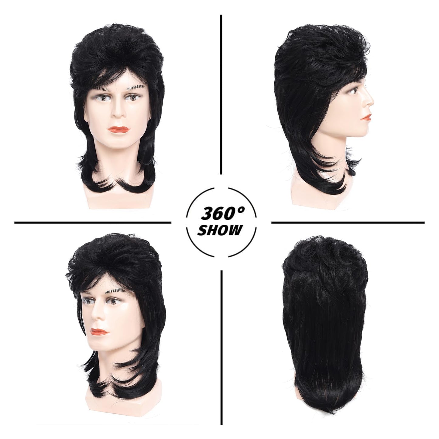Lotfon Mullet Wigs for Men Joe Dirt Emo Wig 80s Costumes Fancy Party Accessory Cosplay Wig Halloween Man x (Black)