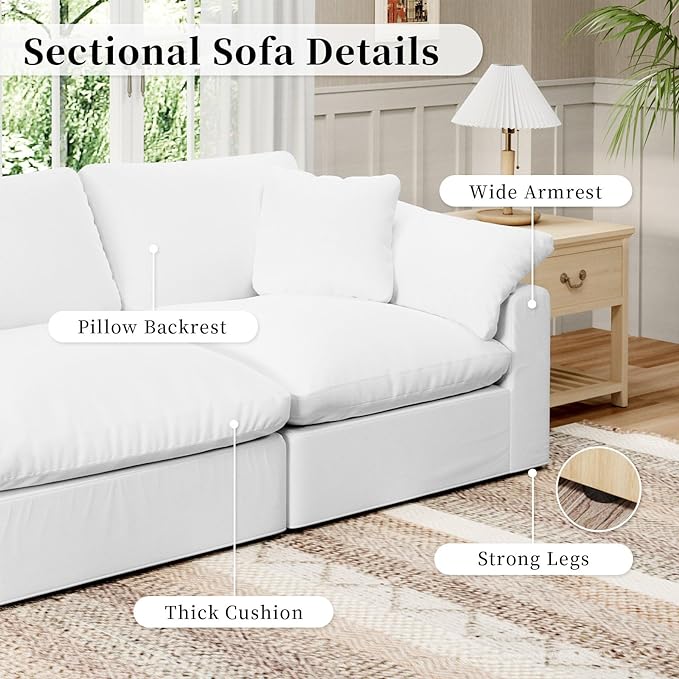 Forest aesthetics Modular Sectional Sofa Cloud Couch,Down Filled Comfy Cloud Modern Sofa,White Linen L Shape Oversized Couch Cushion Covers Removable Furniture for Living Room