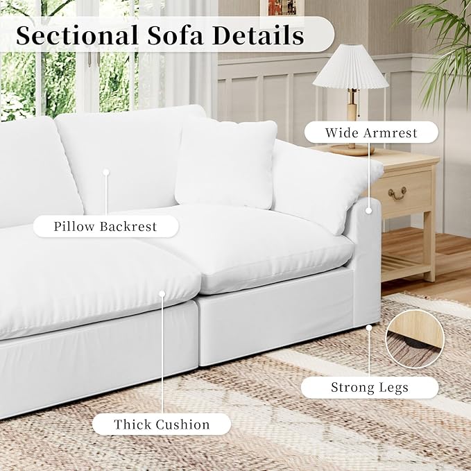Intuition Decor Modular Sectional Sofa Cloud Couch,Down Filled Comfy Cloud Modern Sofa,White Linen Oversized Couch Cushion Covers Removable for Living Room