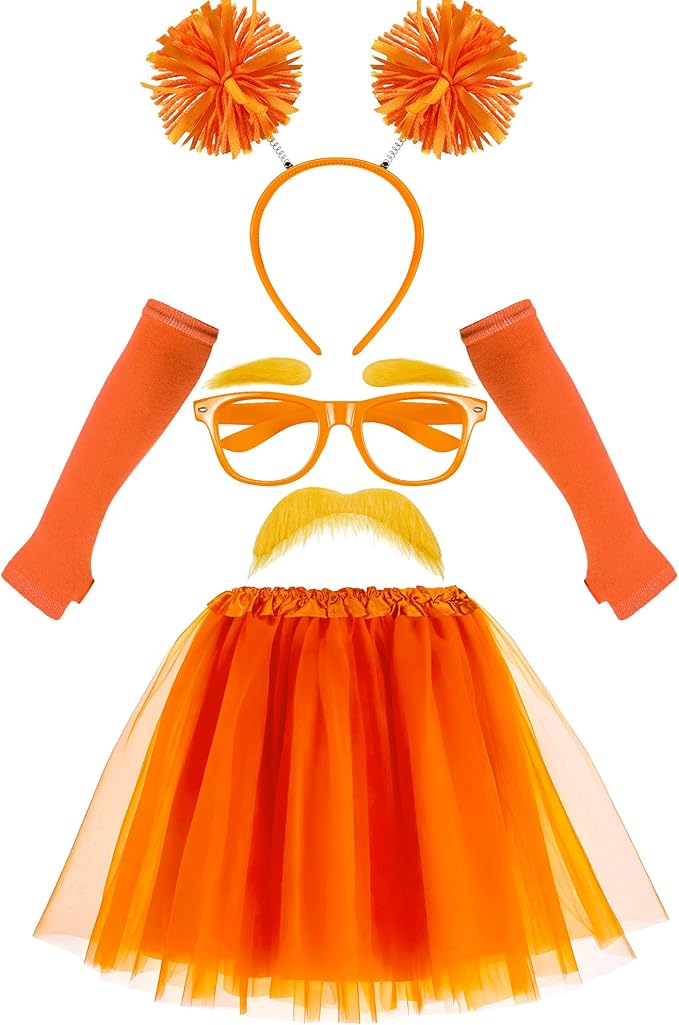 QLINLEAF Orange and Yellowe Tutu Costume Pom Pom Headband Mustache and Eyebrows Orange Furry Character Costume Set for Hal...